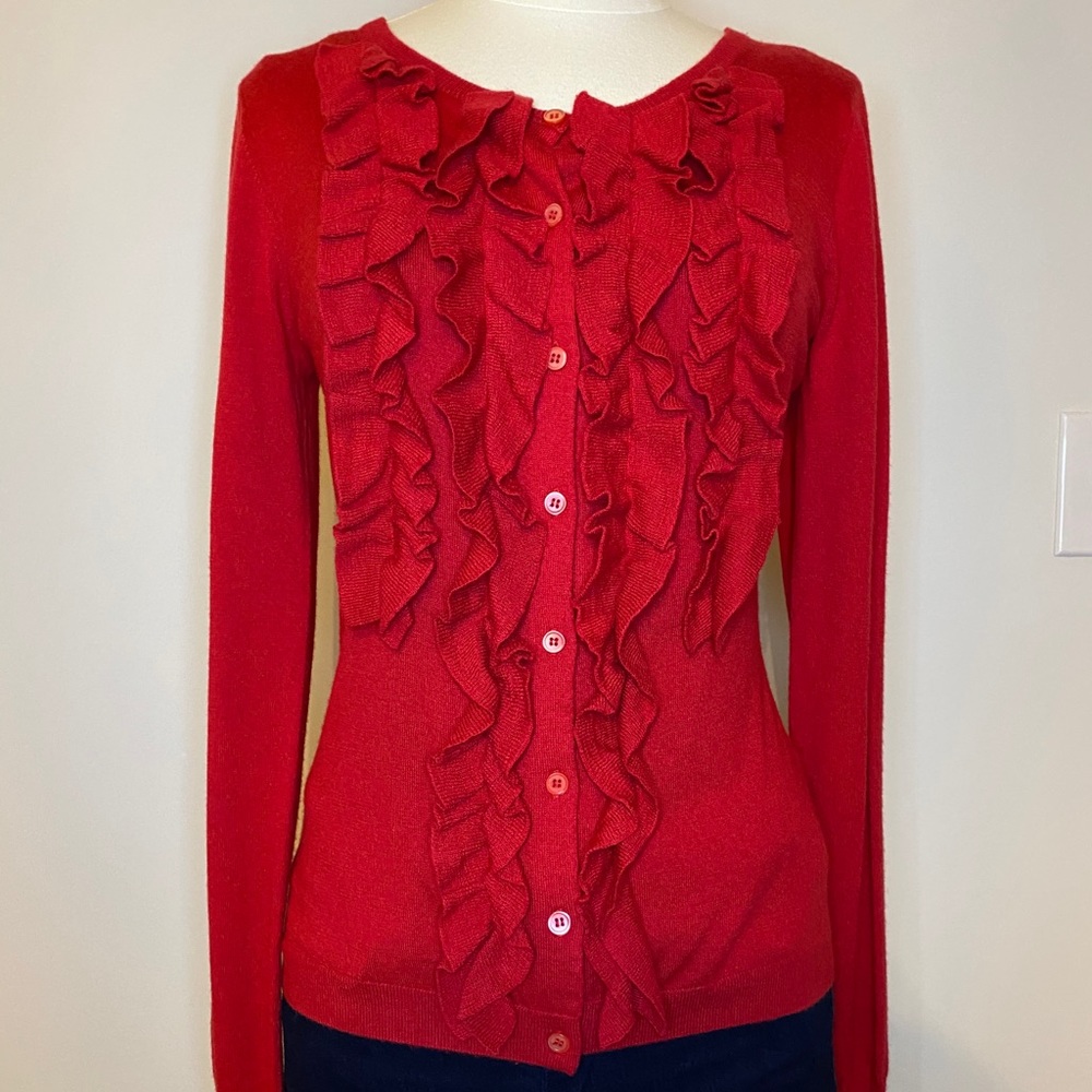 Red Silk and cashmere ruffle front cardigan M